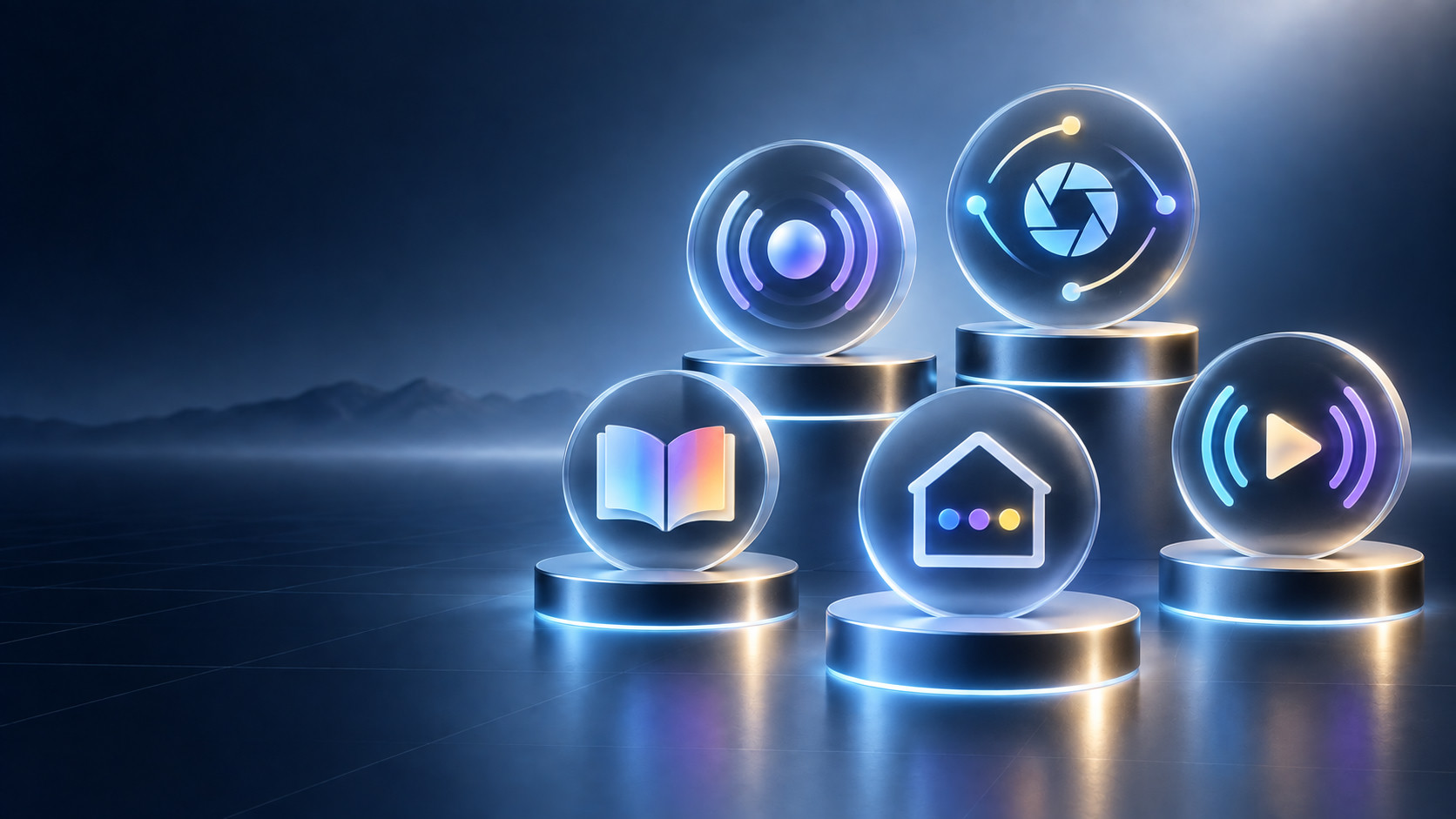 Fünf leuchtende Symbole für Audio, Kamera, E-Reader, Smart Home und Streaming