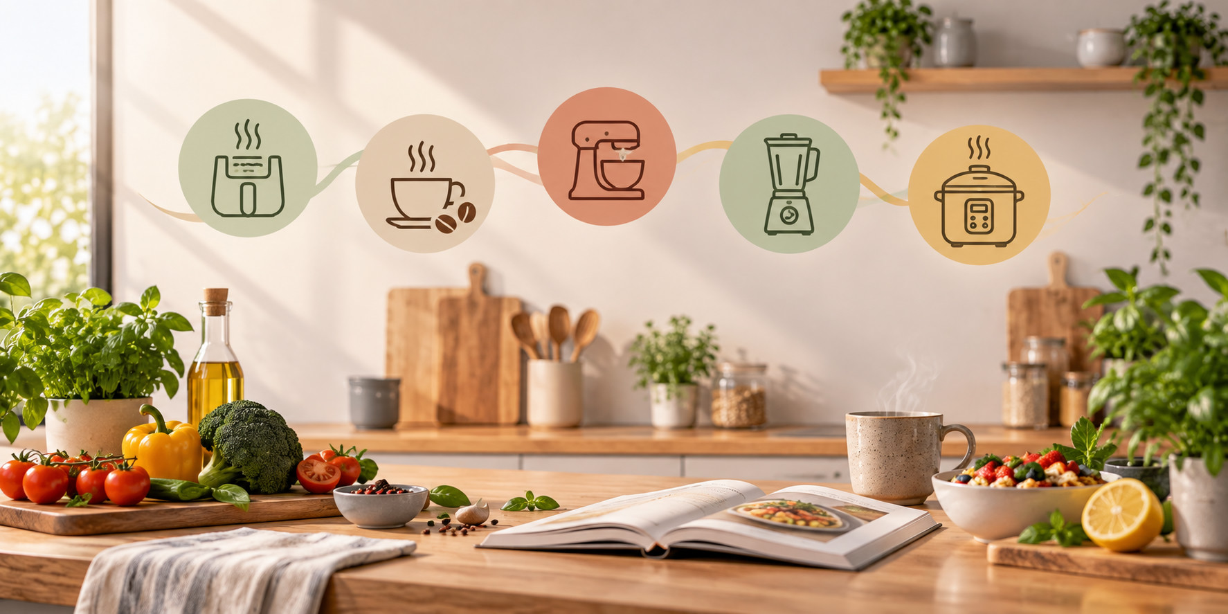 Fünf Küchengeräte-Symbole über einer hellen Küche: Heißluftfritteuse, Kaffee, Küchenmaschine, Standmixer und Multikocher